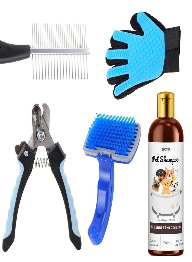 مجموعة ريجيس للعناية بالحيوانات الأليفة، مجموعة من 5 قطع تشمل شامبو للكلاب، وقفاز لإزالة الشعر الزائد، ومقص أظافر، وفرشاة تنظيف ذاتية، ومشط معدني لمكافحة القراد والبراغيث - Image 1